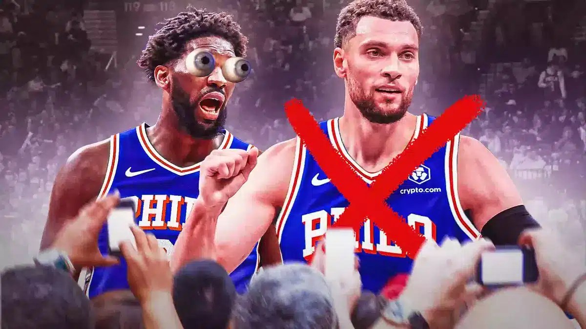 Joel Embiid with his eyes popping out. Zach LaVine in Sixers jersey but with cross mark in front of him