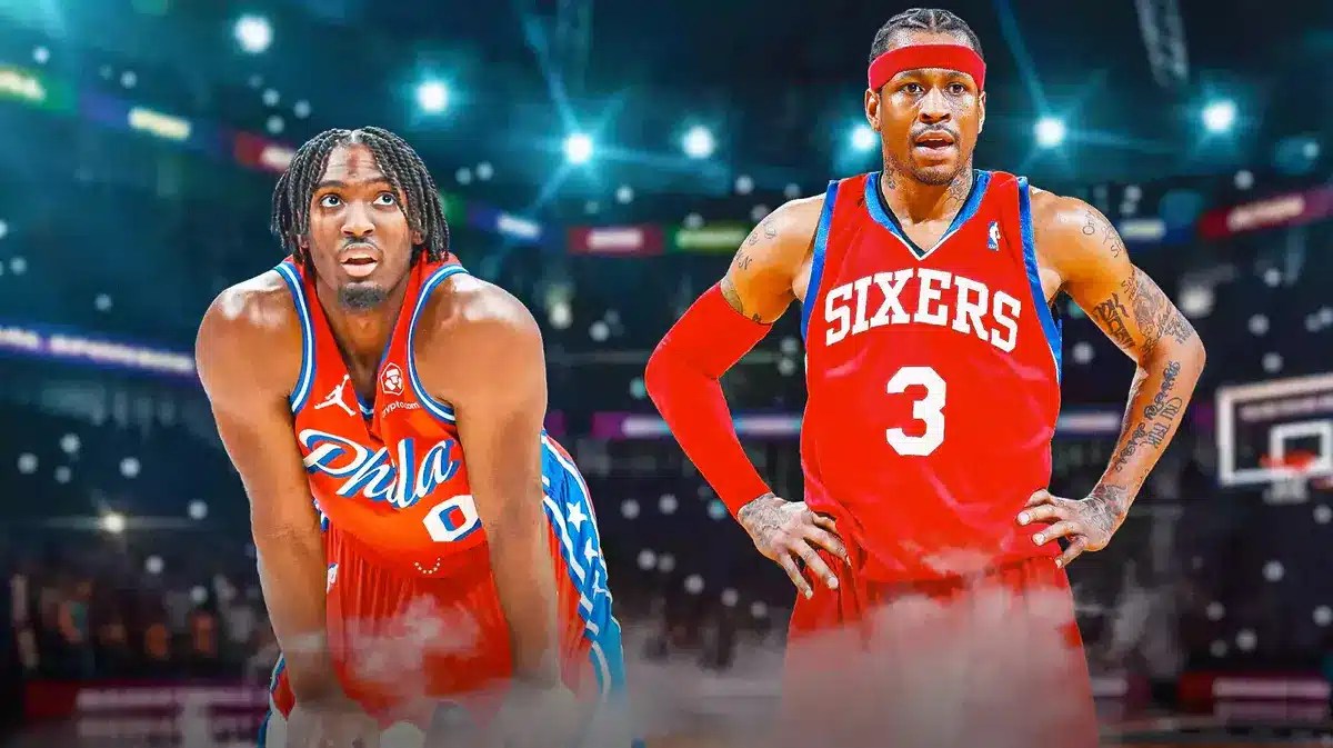 Philadelphia 76ers guard Tyrese Maxey next to Allen Iverson