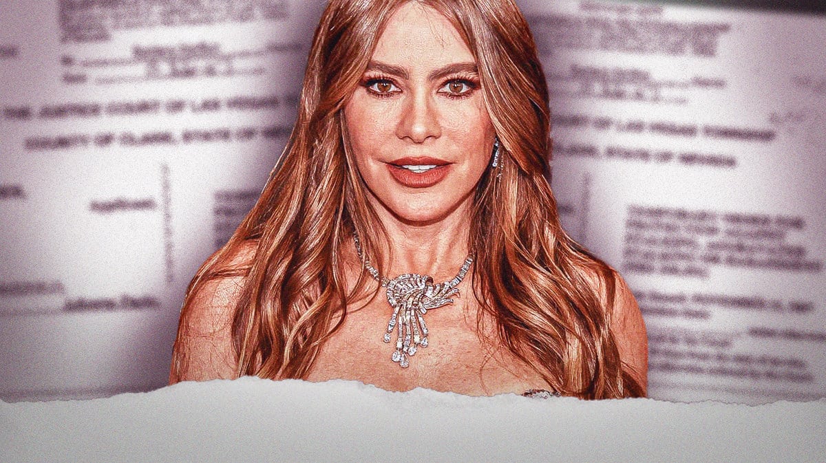 Sofia Vergara with restraining order behind her.