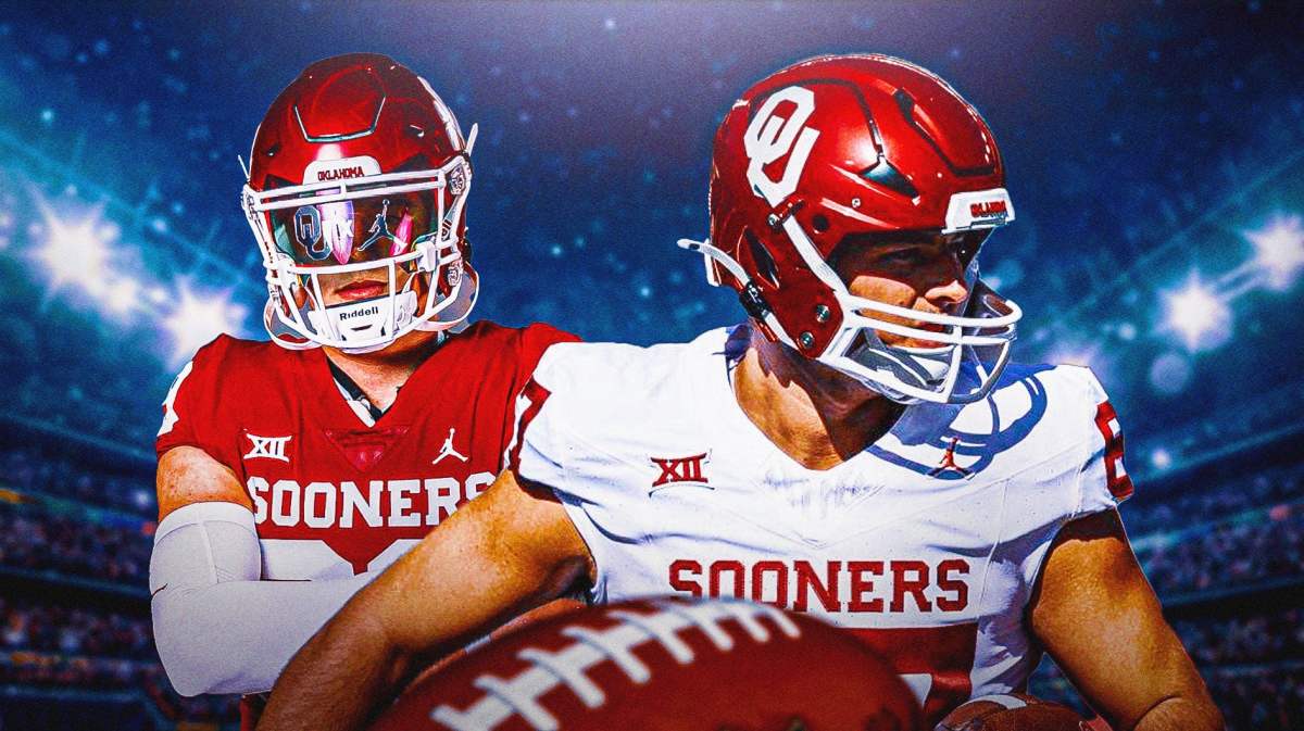Oklahoma tight end Jason Llewellyn in the foreground.