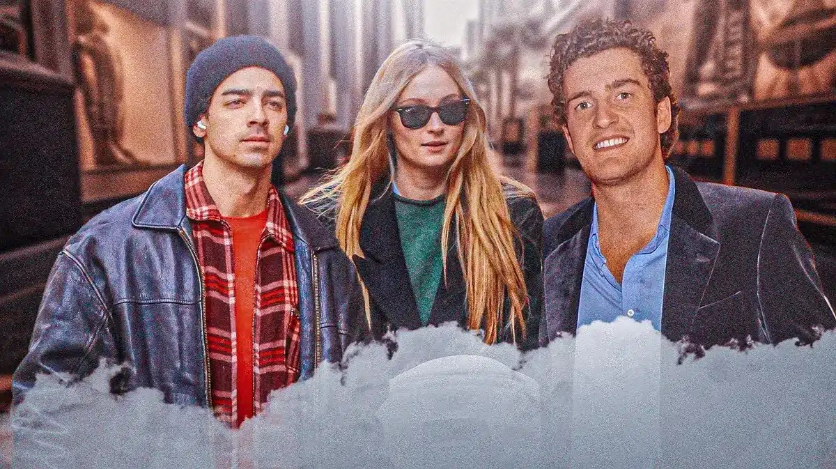 Sophie Turner, Peregrine Pearson and Joe Jonas with a city behind them