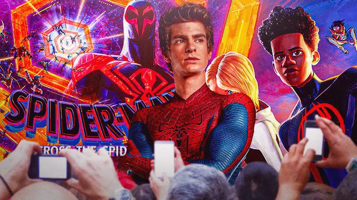 Andrew Garfield with Spider-Man: Across the Spider-Verse poster in background.