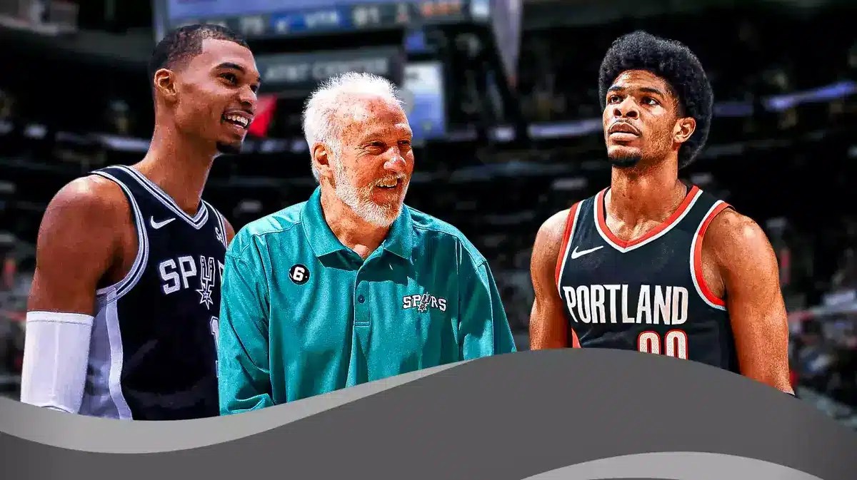 Spurs Gregg Popovich and Victor Wembanyama with Blazers Scoot Henderson