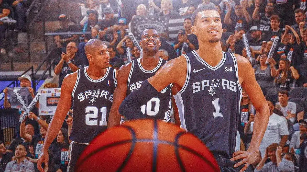Victor Wembanyama with a pair of Spurs legends, Tim Duncan and David Robinson