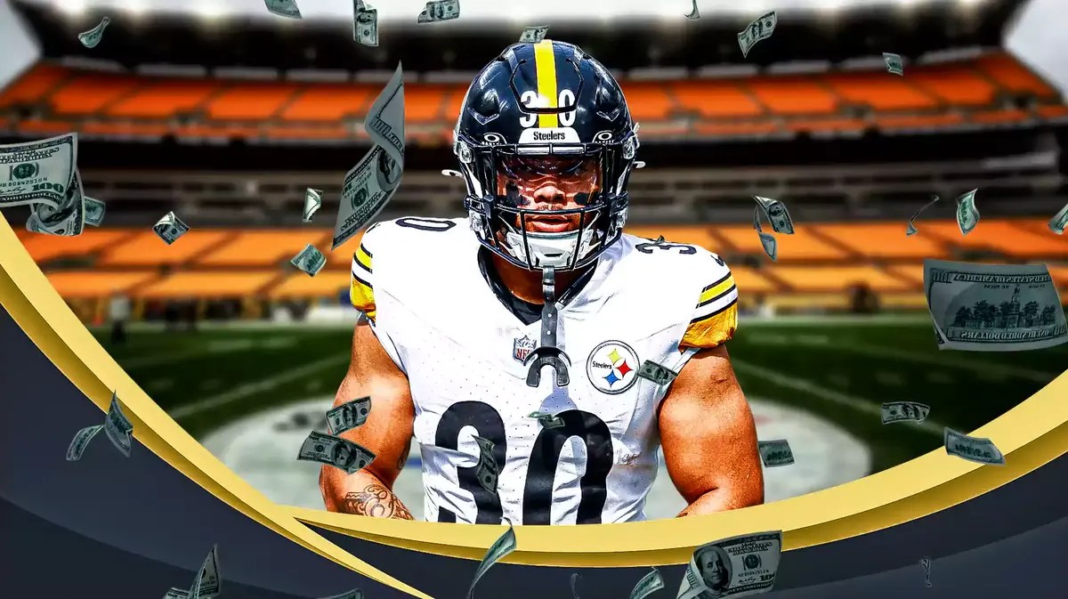 Photo: Jaylen Warren smiling in Steelers jersey with money flying around him