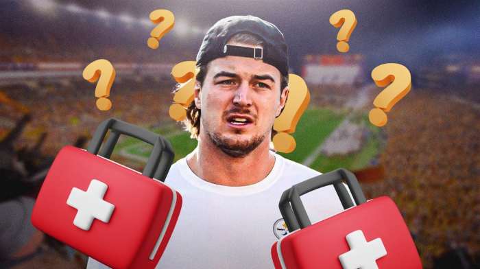 Steelers' Kenny Pickett with red medical cross around him and question marks