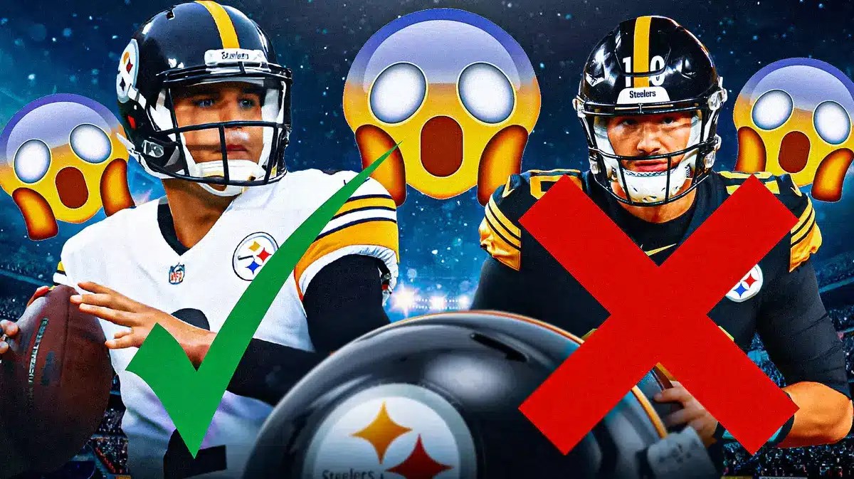 Steelers' Mason Rudolph with a check mark over him, an X through Mitch Trubisky