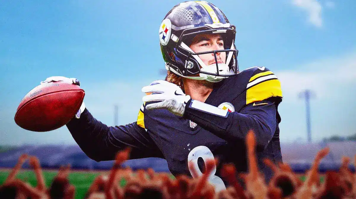 Steelers' Kenny Pickett throwing a football.