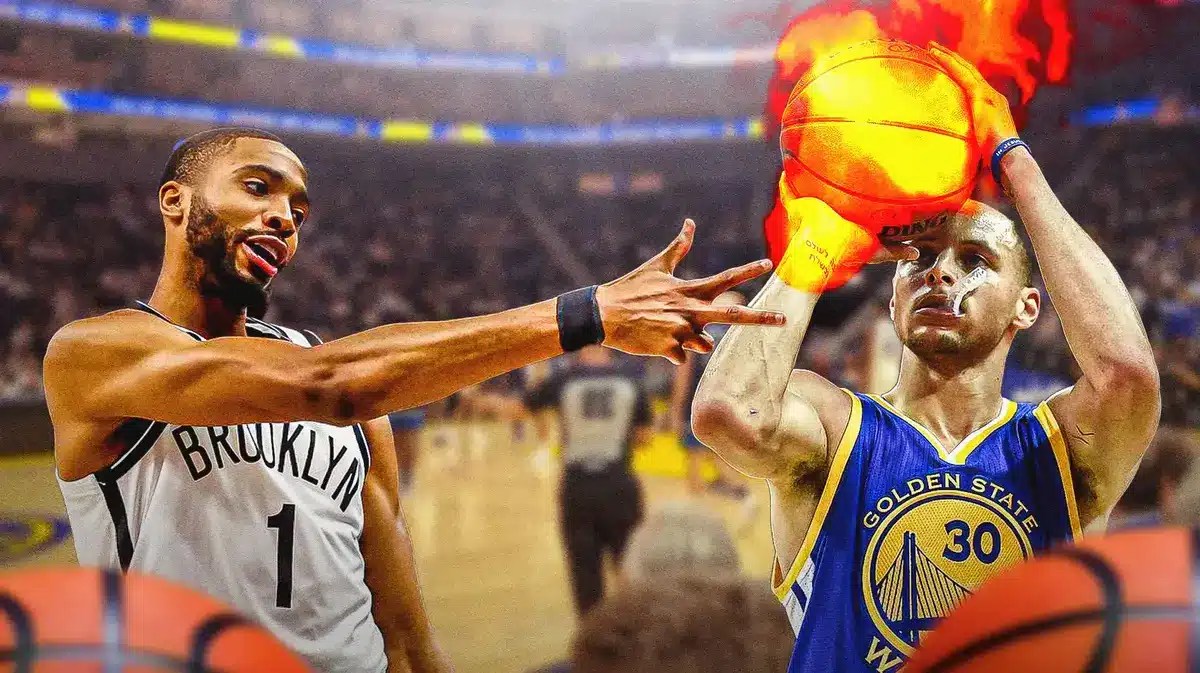 Photo: Stephen Curry shooting a ball on fire in Warriors jersey. Mikal Bridges in Nets jersey watching him