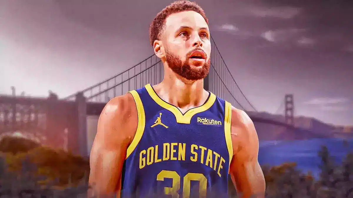 Warriors' Stephen Curry with gloomy San Francisco background