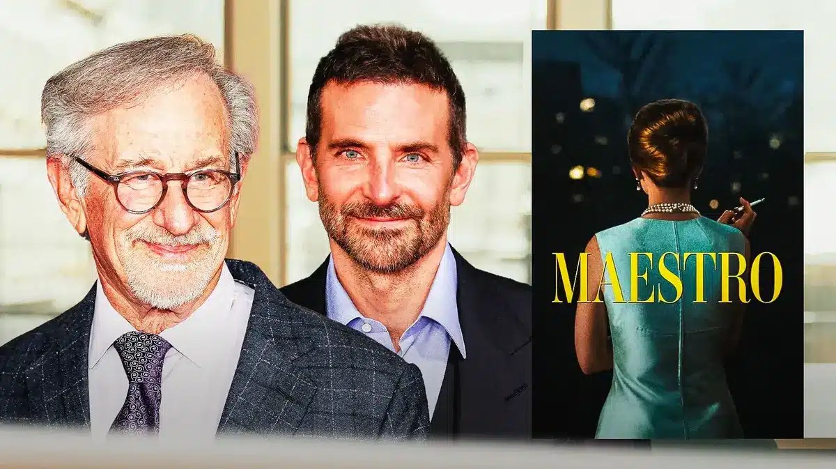 Steven Spielberg and Bradley Cooper with Maestro poster.