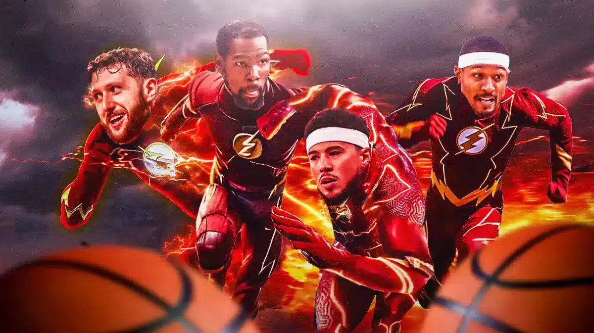 Suns' Jusuf Nurkic with Devin Booker, Kevin Durant, and Bradley Beal all as different versions of The Flash running