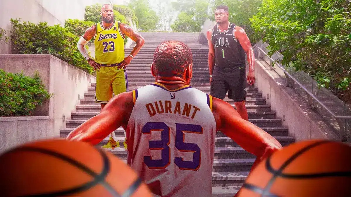 Lakers' LeBron James, Pelicans' Zion Williamson on the same level on a flight of stairs, with Suns' Kevin Durant beneath them