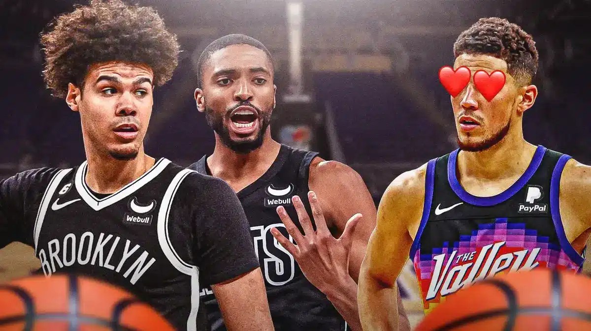 Devin Booker with heart eyes looking at Mikal Bridges and Cam Johnson
