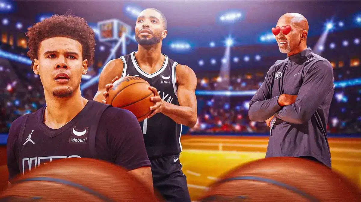Monty Williams with heart eyes looking at Mikal Bridges, Cam Johnson