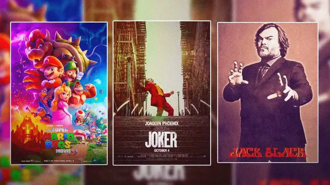 The Super Mario Bros. Movie poster, Joker poster, and Jack Black.