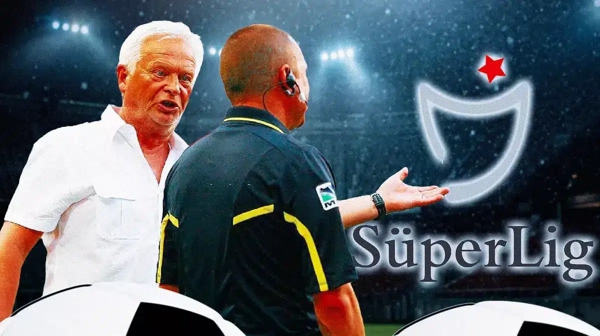 A football manager arguing with a referee in front of the Turkish Super Lig logo