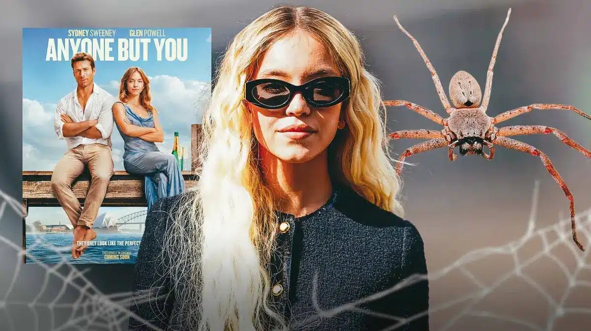 Sydney Sweeney next to huntsman spider and Anyone but You poster.