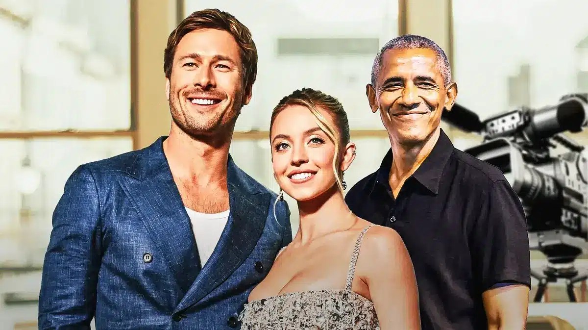 Sydney Sweeney, Glen Powell and Barack Obama with film cameras behind them