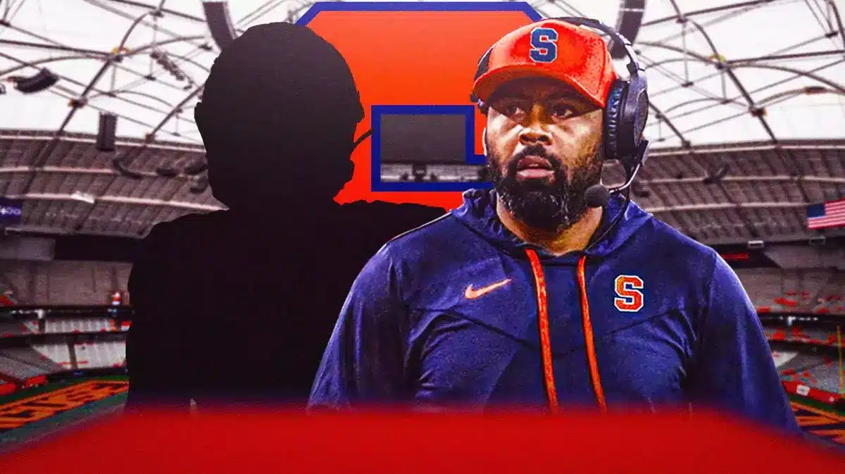 Syracuse head coach Fran Brown next to silhouette of Jackson Meeks of Georgia