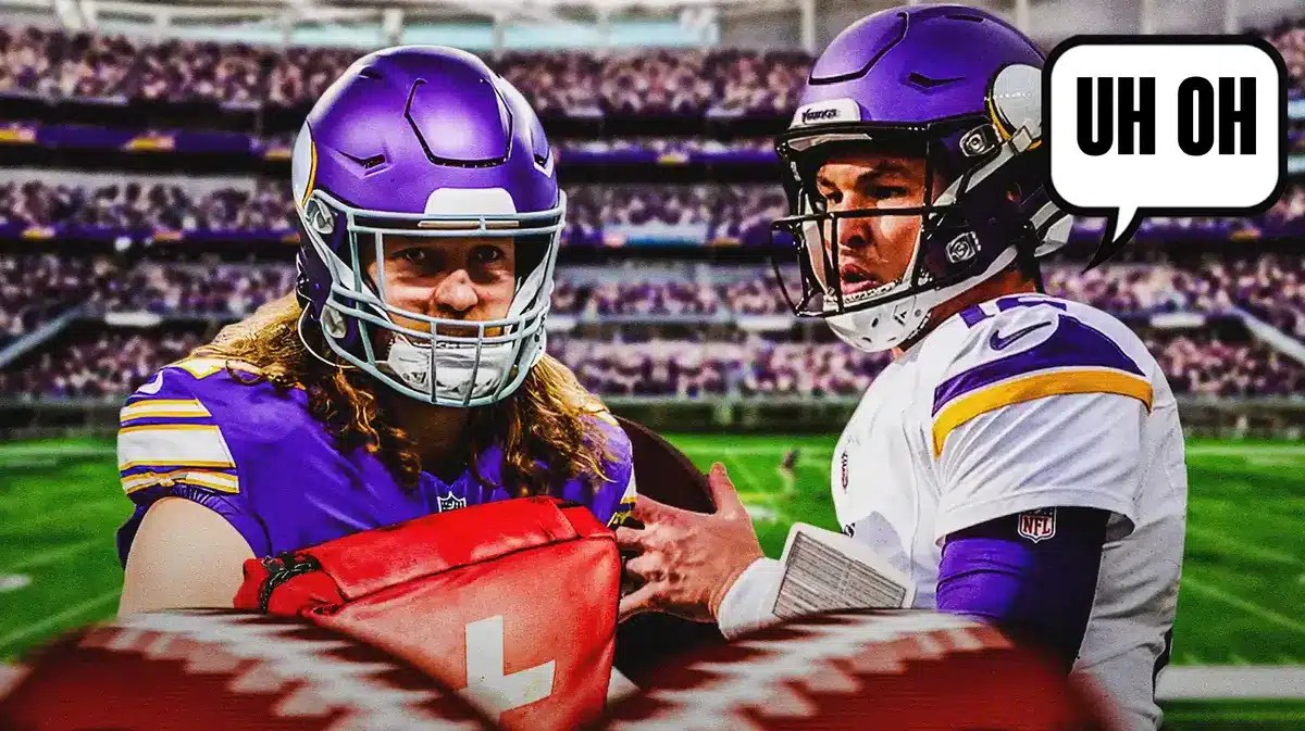 T.J. Hockenson on one side with an injury kit in front of him, Nick Mullens on the other side with a speech bubble that says “Uh oh”