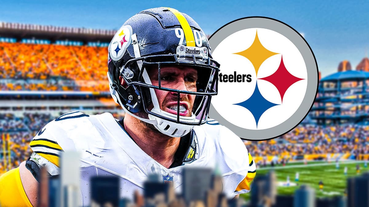 Steelers TJ Watt looking sad/upset. Include a Steelers logo in the image. Background is Acrisure Stadium.