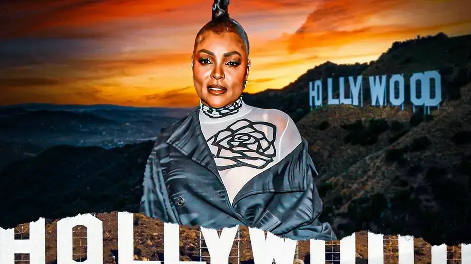 Taraji P. Henson with the Hollywood sign behind her