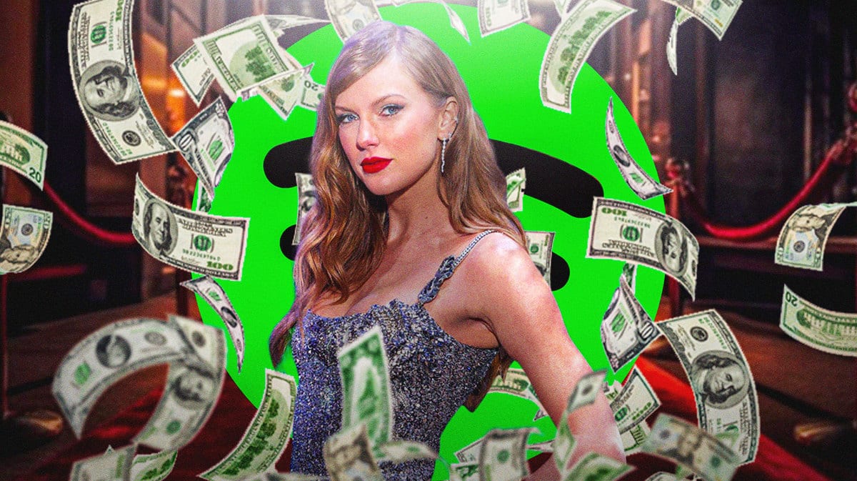 Taylor Swift on stage with Spotify logo and money in the background