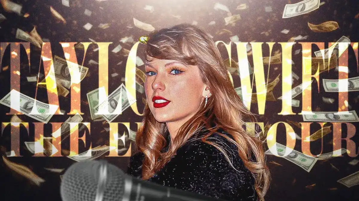 Taylor Swift with the Eras tour logo in background.