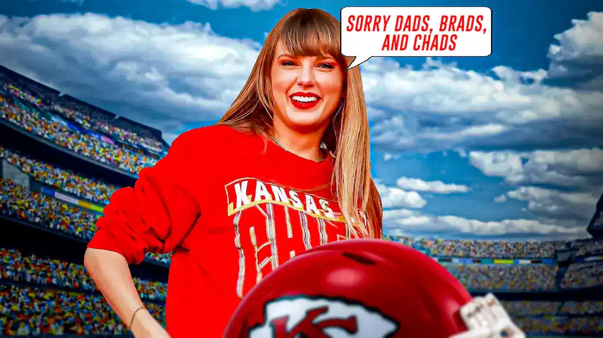 Taylor Swift in a Kansas City Chiefs sweatshirt saying "Sorry Dads, Brads and Chads" in front of Arrowhead Stadium