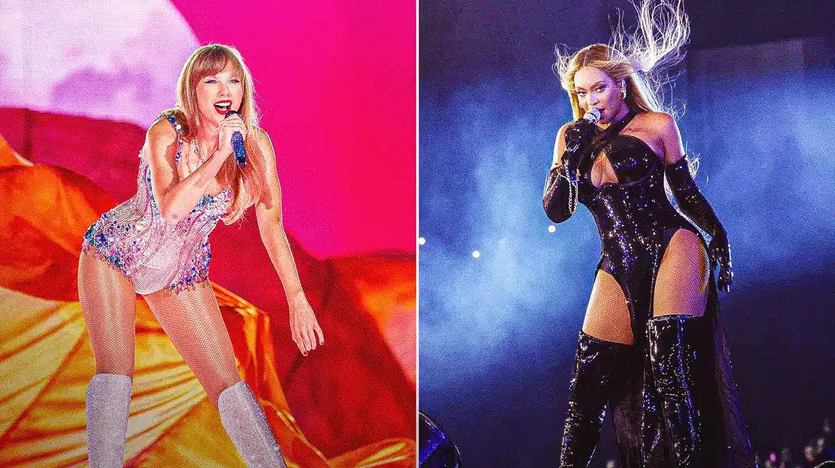 Taylor Swift performing during the Eras Tour and Beyoncé performing during the Renaissance tour