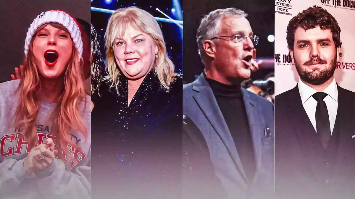 Collage of pics of Taylor Swift, her mom Andrea Swift, her dad Scott Swift and brother Austin Swift