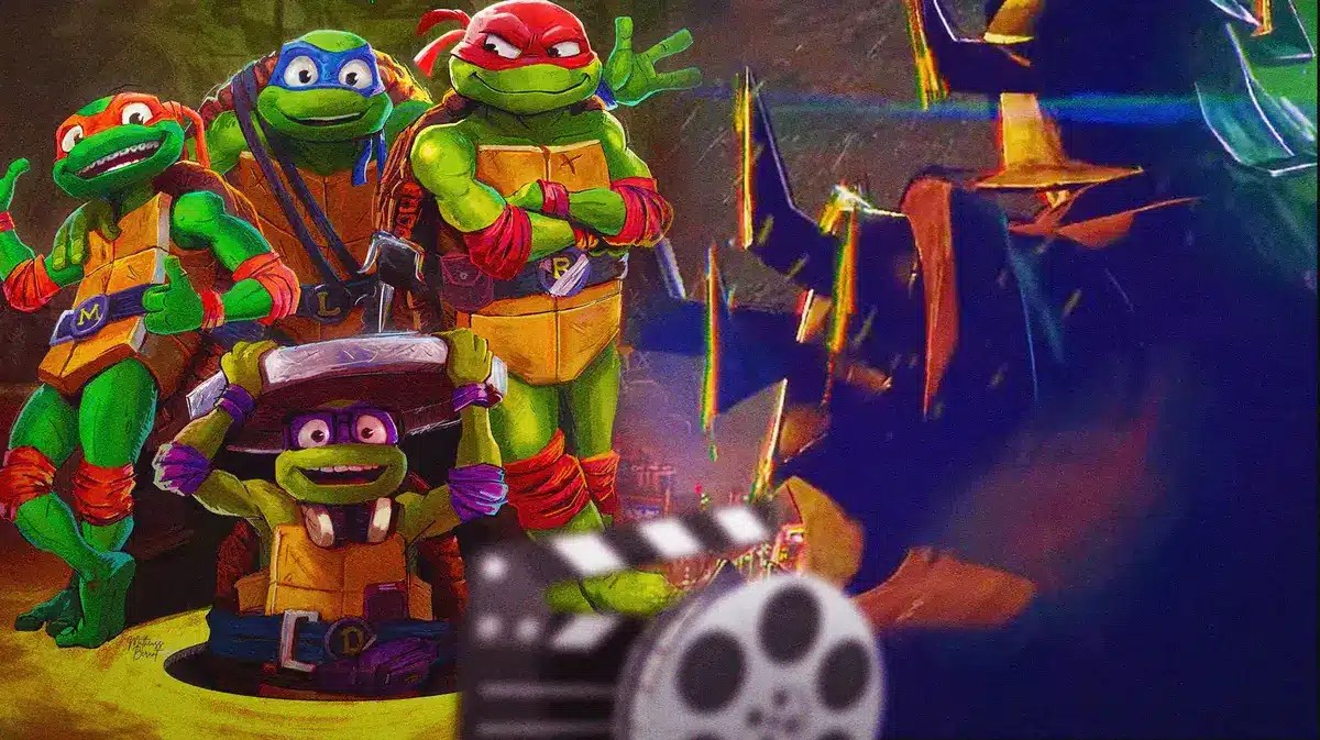 A screenshot of the turtles from Teenage Mutant Ninja Turtles: Mutant Mayhem, alongside a screenshot of Shredder from the mid-credits tease