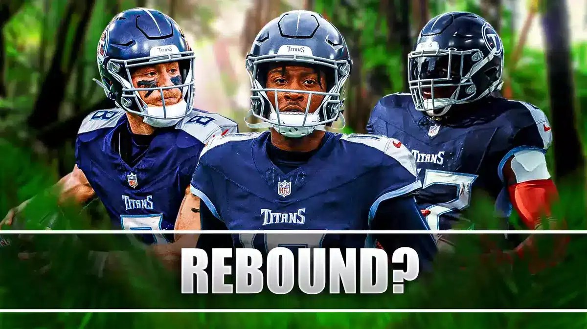 Will Levis, Derrick Henry, DeAndre Hopkins all beside each other with the jungle in the background.