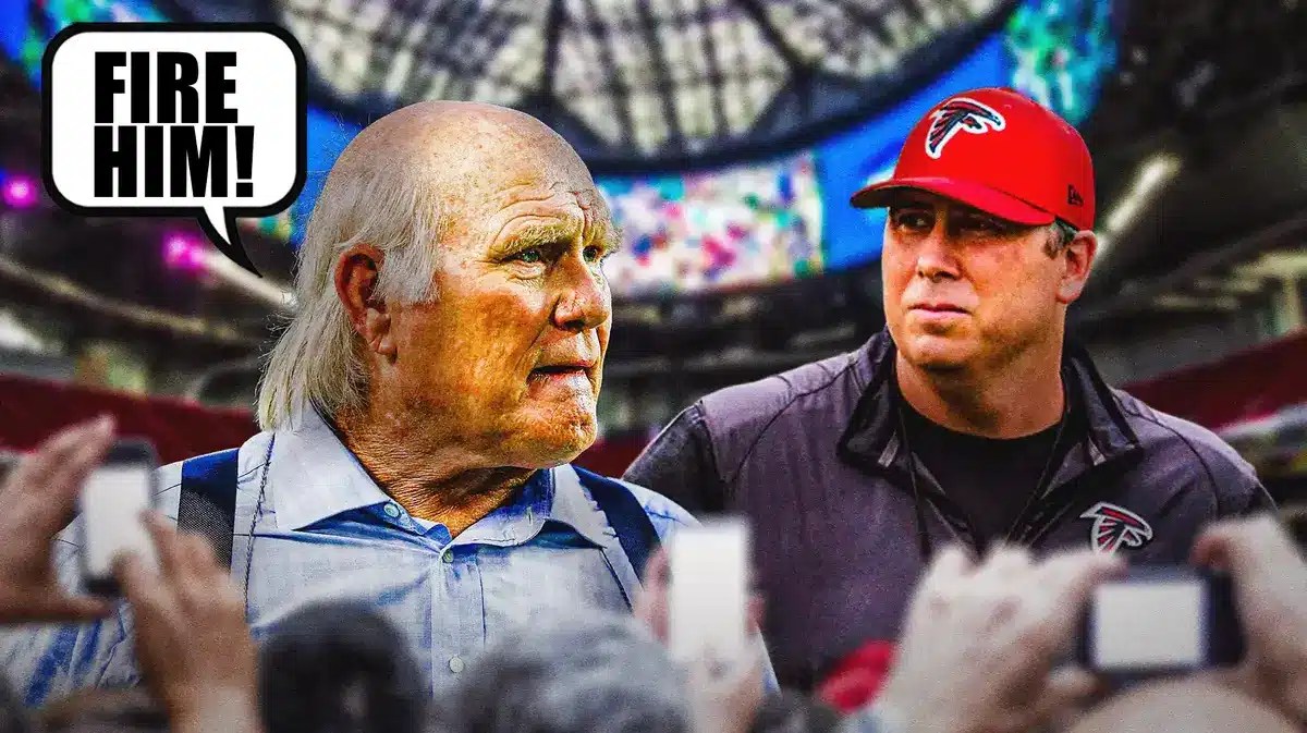 Terry Bradshaw with speech bubble “Fire Him!” looking at Falcons' Arthur Smith