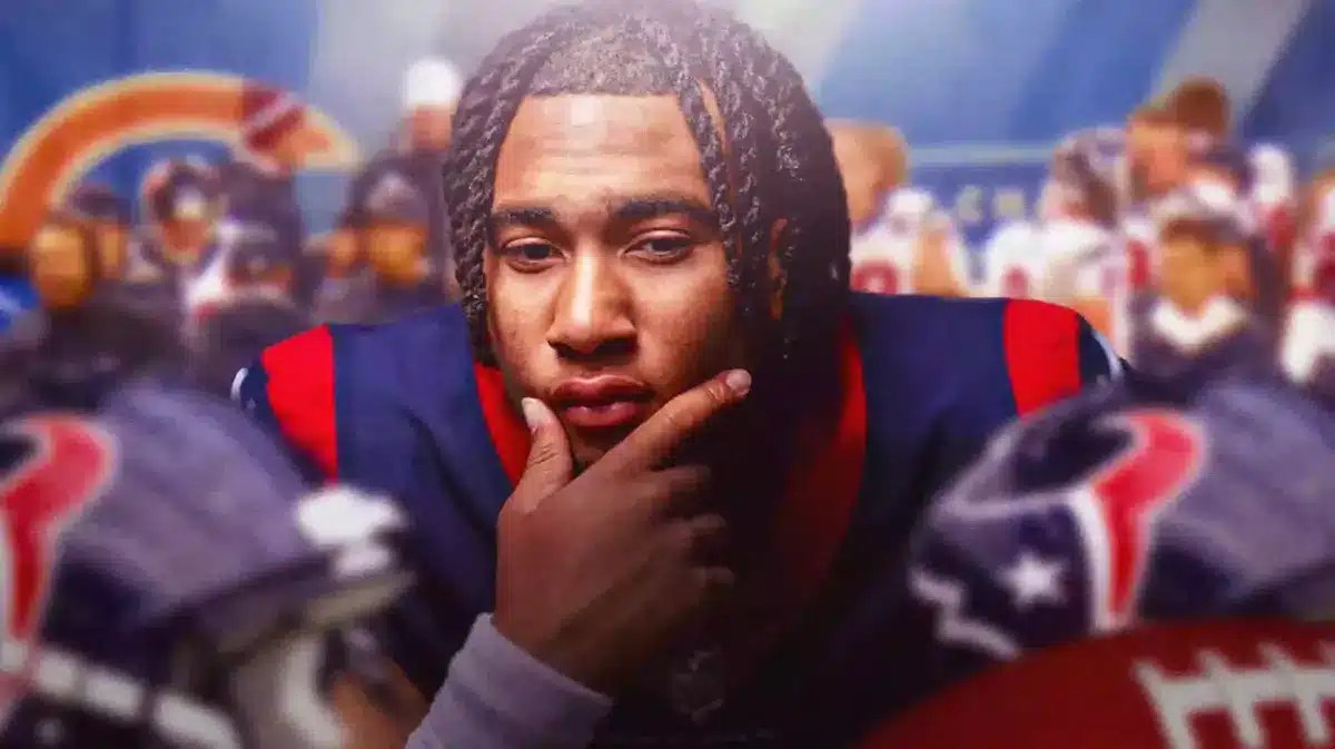 Photo: CJ Stroud sitting on a bench in Texans jersey,