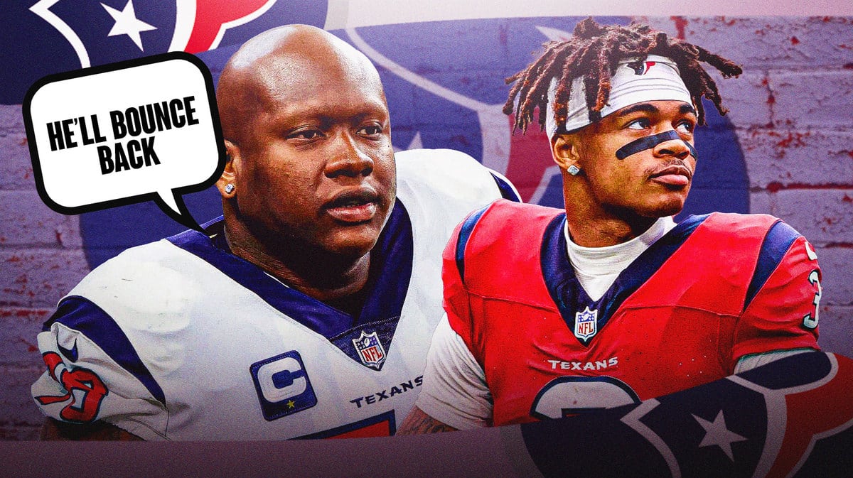 Houston Texans' Laremy Tunsil and speech bubble “He’ll Bounce Back” and image of Texans' Tank Dell