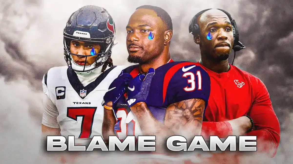 CJ Stroud, Dameon Pierce, DeMeco Ryans all with tear emojis 💧 and with gray skies in the background.