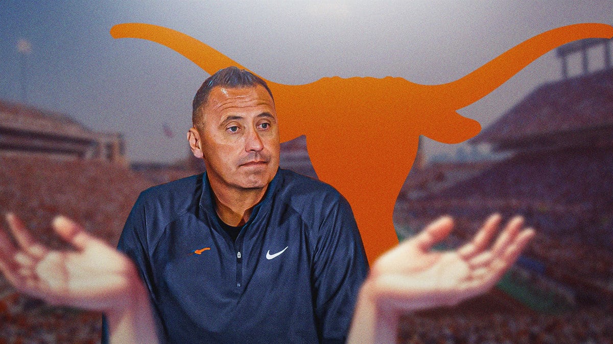 Texas football's Steve Sarkisian shrugging his shoulders