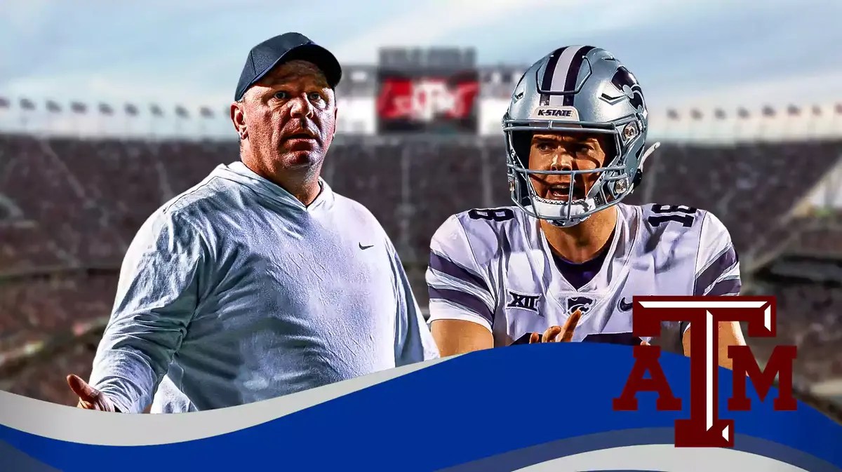 Will Howard, Mike Elko and Texas A&M logo