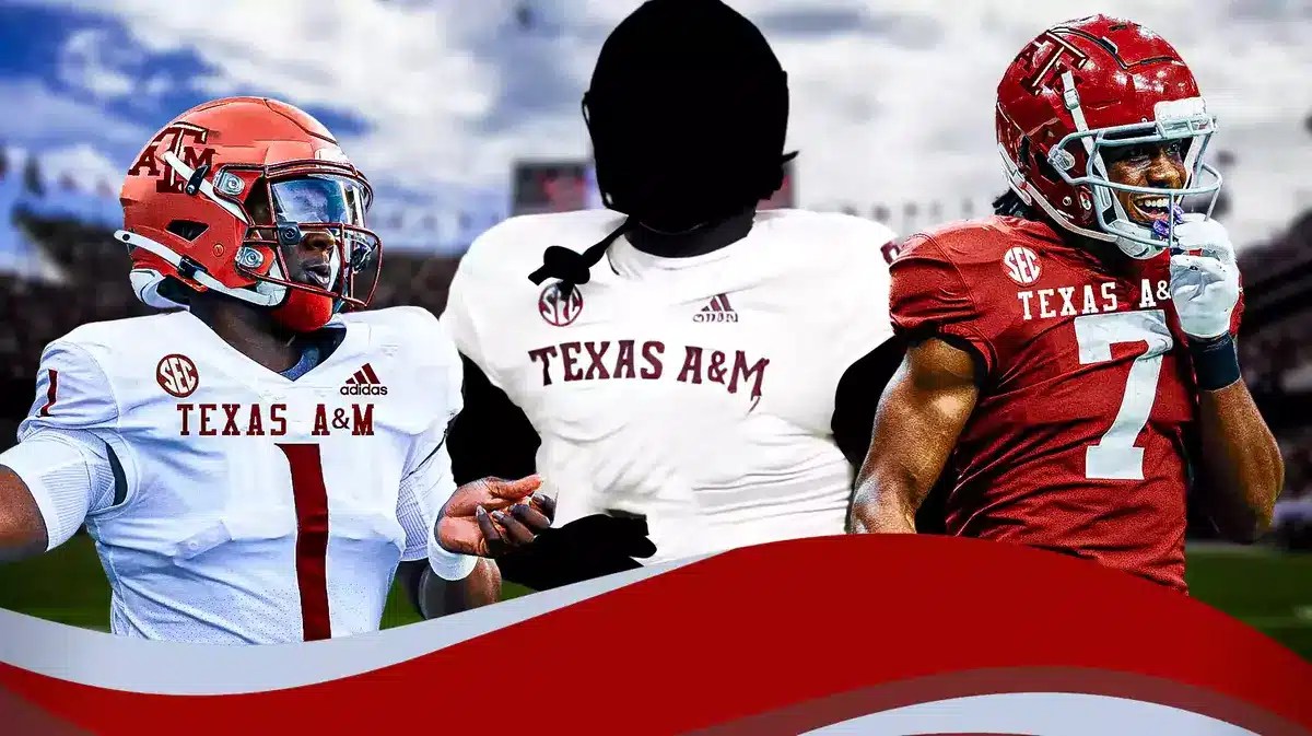 Cameron Ward and Caullin Lacy in Texas A&M football jerseys. In the middle, silhouette of a player in Texas A&M football jersey as well