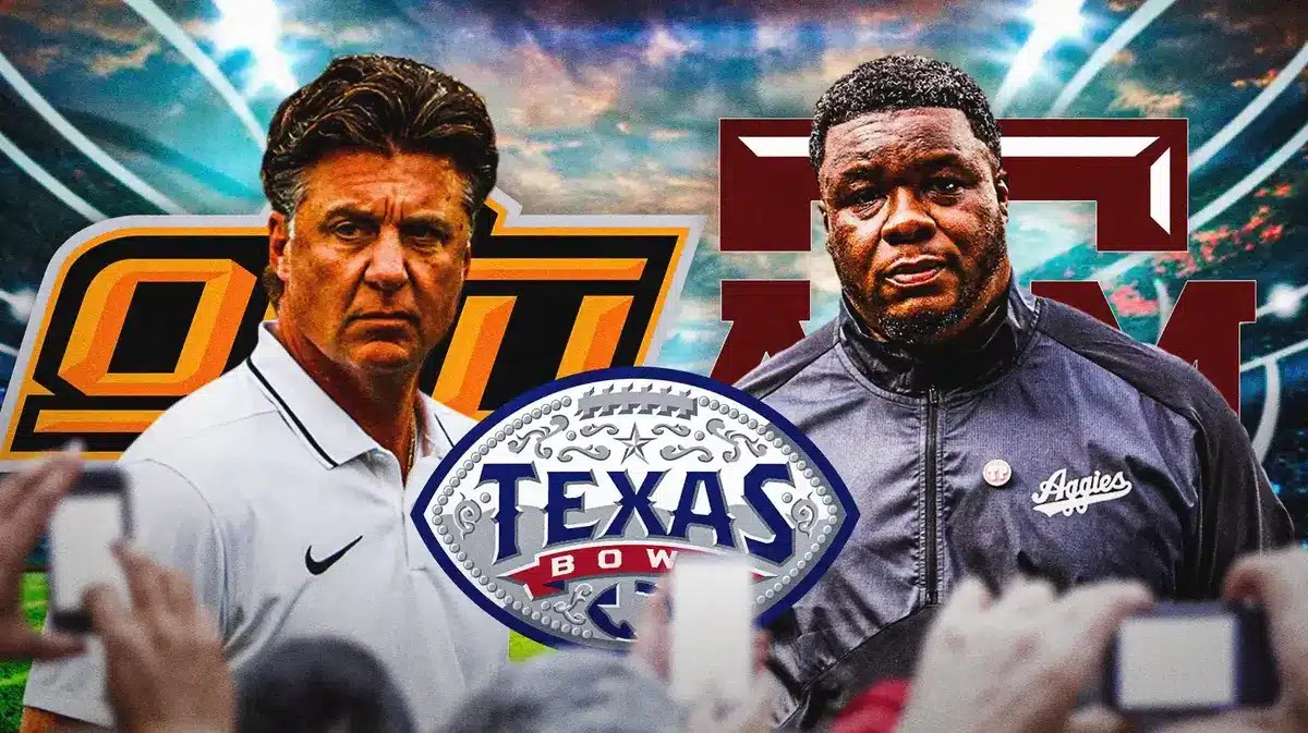 Mike Gundy, Oklahoma State logo vs. Elijiah Robinson, Texas A&M logo. TaxAct Texas Bowl logo in front.