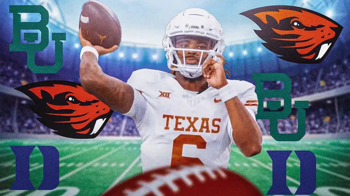 Former Texas football QB Maalik Murphy with Duke, Baylor, and Oregon State logos surrounding him