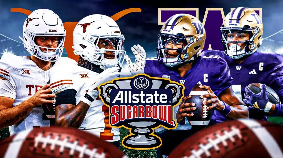 Quinn Ewers, Xavier Worthy, Texas logo vs. Michael Penix Jr., Rome Odunza, Washington logo. Allstate Sugar Bowl logo in the front.