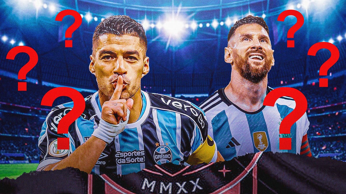 Luis Suarez and Lionel Messi in front of the Inter Miami logo, questionmarks in the air MLS