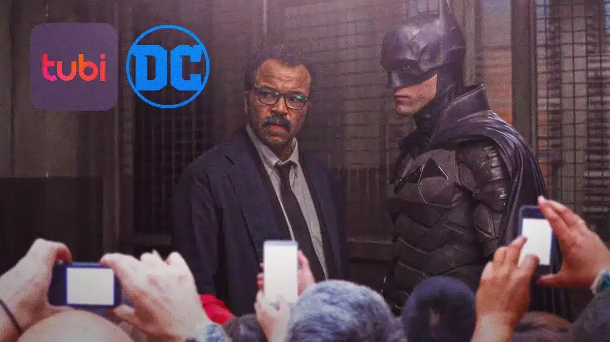 Scene from The Batman with fans and a Tubi and DC logo.