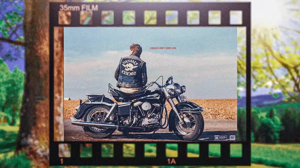 Movie poster for The Bikeriders with a summer backdrop.