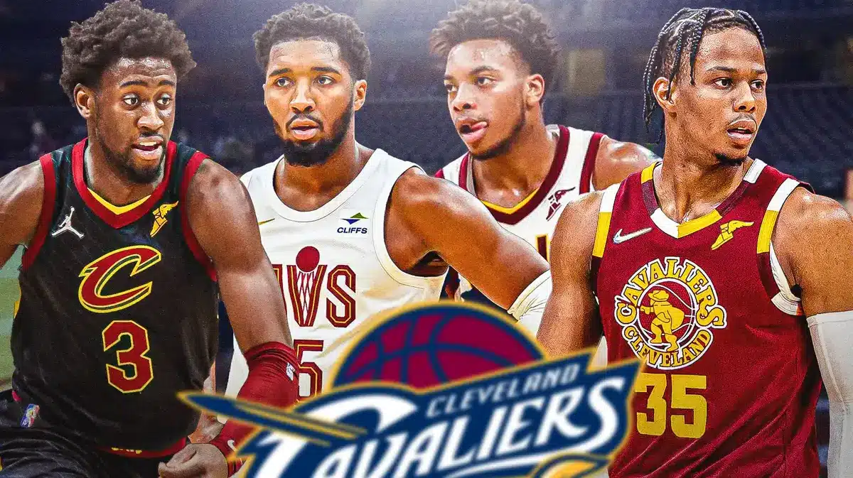 Darius Garland, Donovan Mitchell, Caris LeVert and Isaac Okoro in image, CLE Cavaliers logo, basketball court in background