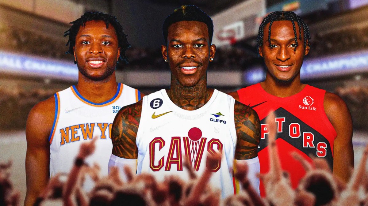 Dennis Schroder in Cavs jersey, Immanuel Quickley in Raptors jersey, OG Anunoby in Knicks jersey