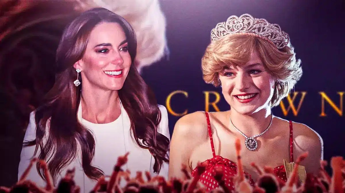 Kate Middleton and Princess Diana from The Crown with fans in front.